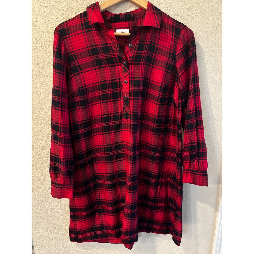 J.Jill Red Black Plaid Shirt Dress Long Sleeve Pockets XS Petite